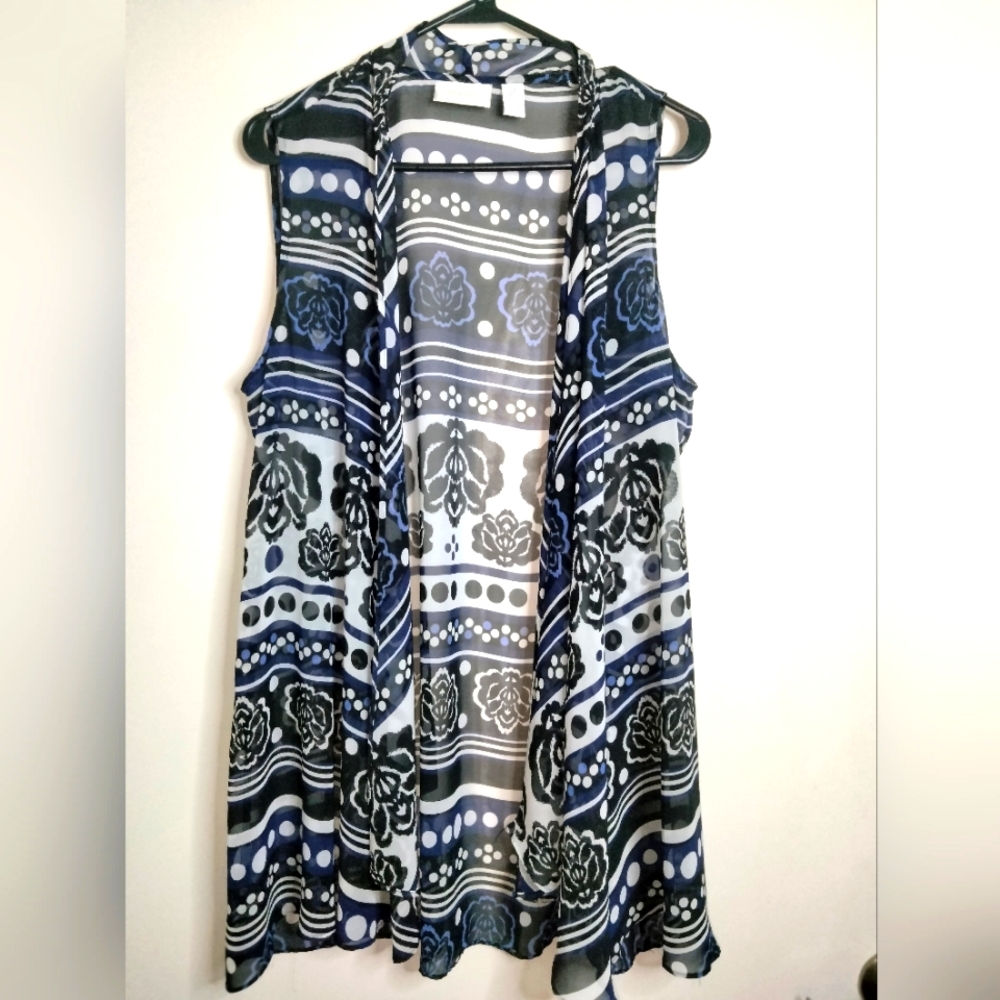 Chico's (Size 2/L/12) Blue & Black Floral Semi-Sheer Drape Open Front Cardigan